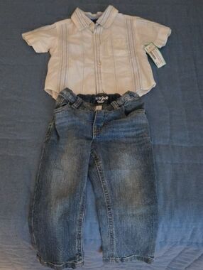Baby Boy Short Sleeve Shirt and Denim Jeans Set - White & Blue